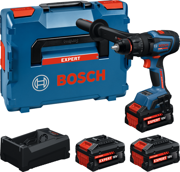 Bosch EXSR18V-150 akku-boremaskinesæt med kuffert og batterier.